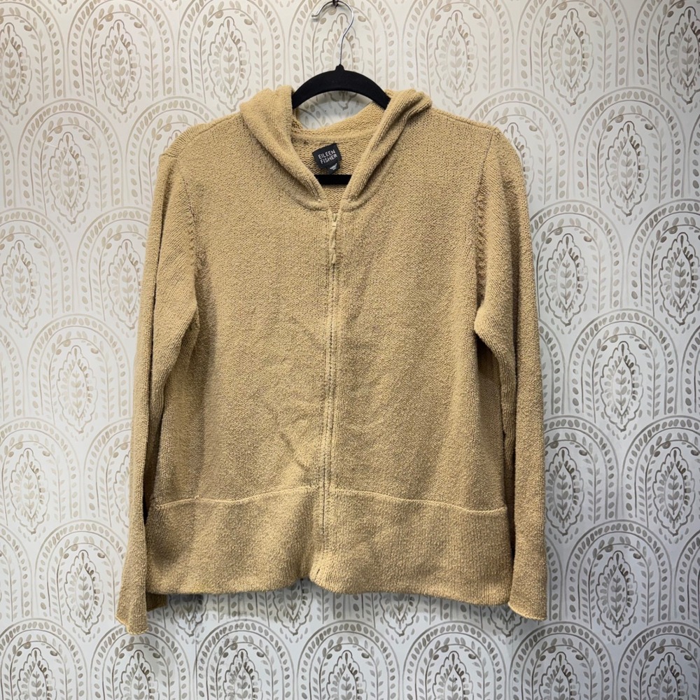 Eileen Fisher Cardigan Sweater Womens XL Tan Zip Up Hooded Cotton Blend Knit